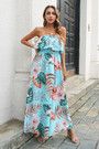 Summer New Stylish Simple Multicolor Batch Printing Inelastic Strapless Loose Casual Maxi Dress