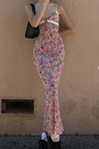 Summer New Stylish Stretch Floral Batch Printing Lace Patchwork Lace-Up Sling Backless Sexy Midi Dress
