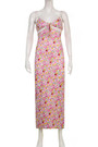 Summer New Stylish Stretch Floral Batch Printing Lace Patchwork Lace-Up Sling Backless Sexy Midi Dress