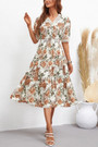 Summer New Stylish Stretch Floral Batch Printing Lace Spliced V-Neck Casual Midi Dress