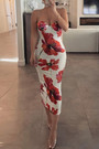 Summer New Stylish Stretch Flower Batch Printing Tube Design Split Slim Sexy Midi Dress