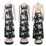 Summer New Stylish Stretch Flower & Leaf Batch Printing Halter-Neck Metal Chain Backless Lace-Up Sexy Maxi Dress
