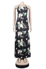 Summer New Stylish Stretch Flower & Leaf Batch Printing Halter-Neck Metal Chain Backless Lace-Up Sexy Maxi Dress