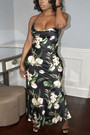 Summer New Stylish Stretch Flower & Leaf Batch Printing Halter-Neck Metal Chain Backless Lace-Up Sexy Maxi Dress