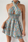 Summer New Stylish Stretch Halter-Neck Lace-Up Floral Batch Printing Hollow Backless Frill Crimped Sexy Mini Dress