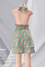 Summer New Stylish Stretch Halter-Neck Lace-Up Floral Batch Printing Hollow Backless Frill Crimped Sexy Mini Dress
