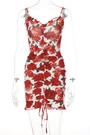 Summer New Stylish Stretch Rose Batch Printing Sling Backless Drawstring Bodycon Sexy Mini Dress