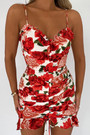 Summer New Stylish Stretch Rose Batch Printing Sling Backless Drawstring Bodycon Sexy Mini Dress