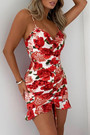 Summer New Stylish Stretch Rose Batch Printing Sling Backless Drawstring Bodycon Sexy Mini Dress
