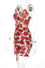 Summer New Stylish Stretch Rose Batch Printing Sling Backless Drawstring Bodycon Sexy Mini Dress