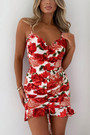 Summer New Stylish Stretch Rose Batch Printing Sling Backless Drawstring Bodycon Sexy Mini Dress