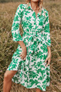 Summer New Stylish Three Colors Floral Batch Printing Lapel Long Sleeve Button With Belt Casual Midi Dress