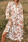 Summer New Stylish Three Colors Floral Batch Printing Lapel Long Sleeve Button With Belt Casual Midi Dress