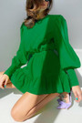Summer New Stylish Three Colors Puff Sleeves Solid Color Ruffle Zip-Up Inelastic Casual Mini Dress