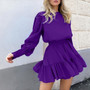 Summer New Stylish Three Colors Puff Sleeves Solid Color Ruffle Zip-Up Inelastic Casual Mini Dress