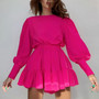Summer New Stylish Three Colors Puff Sleeves Solid Color Ruffle Zip-Up Inelastic Casual Mini Dress