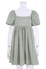 Summer New Stylish Three Colors Square Neck Puff Short Sleeves Cotton Zip-Up Casual Mini Dress