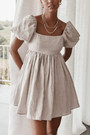Summer New Stylish Three Colors Square Neck Puff Short Sleeves Cotton Zip-Up Casual Mini Dress