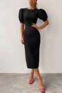 Summer New Stylish Two Colors Crew Neck Solid Color Puff Short Sleeves Zip Up Inelastic Slim Casual Midi Dress