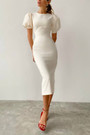 Summer New Stylish Two Colors Crew Neck Solid Color Puff Short Sleeves Zip Up Inelastic Slim Casual Midi Dress