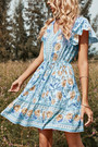 Summer New Stylish Two Colors Floral Batch Printing Ruffle V-Neck Short Sleeve Casual Mini Dress