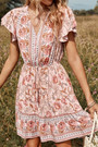Summer New Stylish Two Colors Floral Batch Printing Ruffle V-Neck Short Sleeve Casual Mini Dress