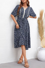 Summer New Stylish Two Colors Floral Printing Inelastic Button Decor Lace Lace-Up Casual Midi Dress