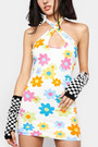 Summer New Stylish Two Colors Flower Batch Printing Halter-Neck Hollow Stretch Slim Sexy Mini Dress
