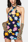 Summer New Stylish Two Colors Flower Batch Printing Halter-Neck Hollow Stretch Slim Sexy Mini Dress