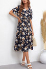 Summer New Stylish Two Colors Micro Elastic Flower Printing Lace-Up Single-Breasted Casual Midi Dress