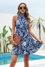 Summer New Three Colors Floral Batch Printing Inelastic Chiffon Tie-Waist Stylish Sweet Vacation Style Mini Dress