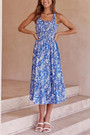 Summer New Two Colors Floral Batch Printing Micro-Elastic Backless Tied Smocked Stylish Vacation Style Midi Dress Floral Dresses