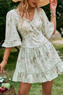 Summer New Two Colors Inelastic Floral Batch Printing V-Neck Backless Lace-Up Zip-Up Sexy Mini Dress