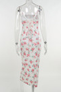 Summer New Velvet Rose Batch Printing Slit Sling Lace-Up Back Slim Stretch Midi Dress