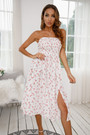 Summer Plus Size Floral Printing Inelastic Tube Top Thigh-Slit Stylish Midi Dress