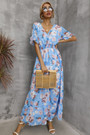 Summer Plus Size Four Colors Flower Batch Printing Inelastic V-Neck Backless Casual Pastoral Style Maxi Dress