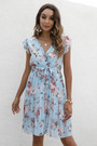 Summer Plus Size Four Colors Flower Batch Printing Inelastic V-Neck Ruffle Stylish Pastoral Style Mini Dress With Belt