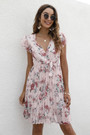 Summer Plus Size Four Colors Flower Batch Printing Inelastic V-Neck Ruffle Stylish Pastoral Style Mini Dress With Belt
