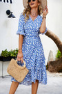 Summer Plus Size New 4 Colors Floral Batch Printing Inelastic V-Neck Ruffle Swing Slit Stylish Bohemian Midi Dress