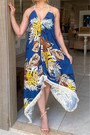 Summer Plus Size New Style Sling Deep V-Neck Flowers Batch Printing Backless Sexy Dress