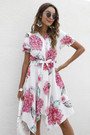 Summer Plus Size Three Colors Flower Batch Printing Inelastic V-Neck Irregular Hem Stylish Pastoral Style Midi Dress With Belt