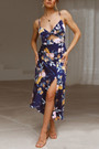 Summer Plus Size Vacation Style Floral Batch Printing Stretch Adjustable Straps Hollow Bowknot High Slit Sexy Midi Dress 1#