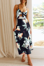 Summer Plus Size Vacation Style Floral Batch Printing Stretch Adjustable Straps Hollow Bowknot High Slit Sexy Midi Dress 2#