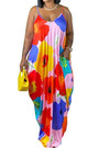 Summer Plus Size Xl-5Xl Sling Low Cut Flowers Batch Printing Stretch Loose Maxi Dress