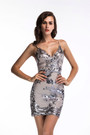 Summer Sling V-Neck Mesh Stitching Sequin Embroidered Zip-Up Backless Mini Evening Dress