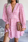 Three Colors Autumn Floral Batch Printing V-Neck Ruffle Loose Inelastic Chiffon Mini Dress