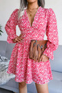 Three Colors Autumn Floral Batch Printing V-Neck Ruffle Loose Inelastic Chiffon Mini Dress