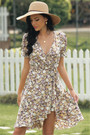 Three Colors Floral Batch Printing Plus Size Deep V-Neck Retro Dress (With Belt)
