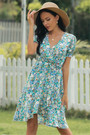 Three Colors Floral Batch Printing Plus Size Deep V-Neck Retro Dress (With Belt)