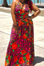 Xl-4Xl New Batch Printing Stretch Halter-Neck Low-Cut Tie-Waist High Slit Sexy Stylish Maxi Dress